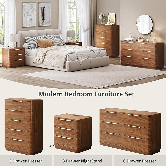6 Drawer Dresser for Bedroom, 54" Wide Modern Chest of Drawers with Metal Handle, Curved Profile Design, Wooden Walnut Dresser Closet Clothes Storage TV Stand for Living Room, Hallway