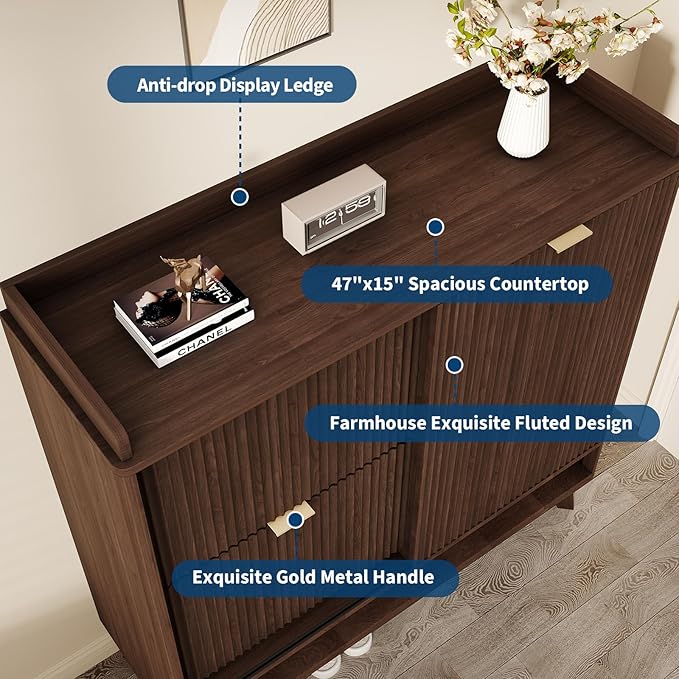 IDEALHOUSE Fluted Shoe Cabinet Storage with 2 Flip Drawers & Sliding Door & Adjustable Shelf Rack，Freestanding Wood Narrow Hidden Shoe Organizer for Entryway, Hallway, Living Room