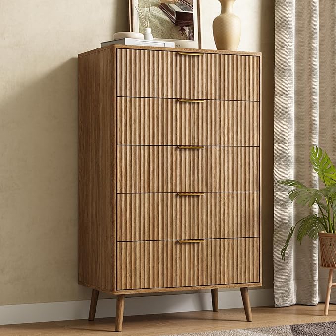CARPETNAL Fluted 5 Drawers Dresser for Bedroom, 45" Tall Wooden Chest of Drawers with Rounded Corners, Gold Handles, Modern Storage Organizer for Bedroom, Hallway (Walnut)