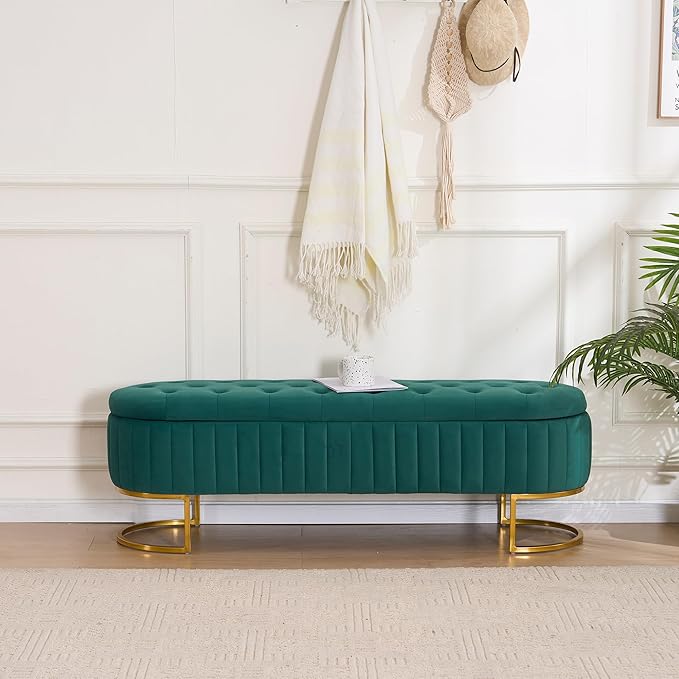 Velvet Storage Bench for Bedroom, Modern Tufted End of Bed Bench for King Size Bed, Upholstered Long Ottoman Bench with Gold Legs for Living Room/Entryway (Green, 55" W)
