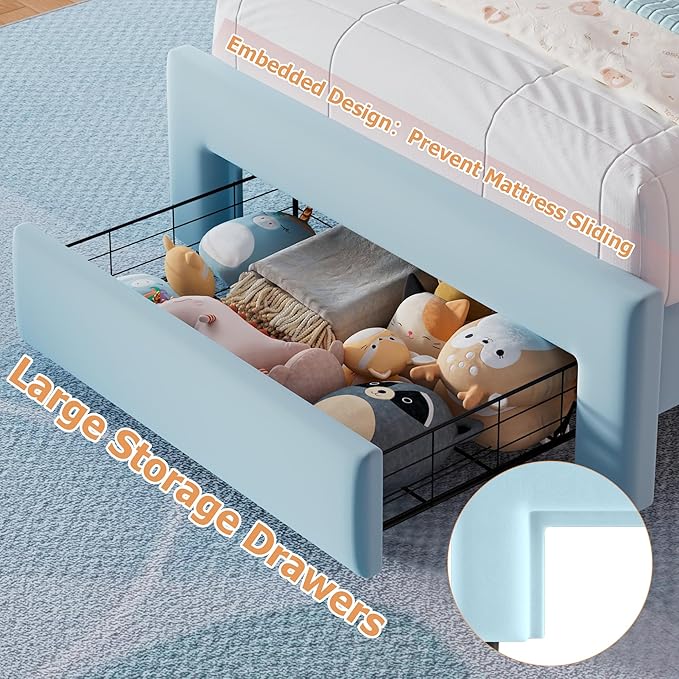 Velvet Upholstered Twin LED Bed Frame with Storage Drawer and Adjustable Double Wavy Headboard, Princess Platform Bed for Kids/Girls/Boys, Solid Wood Slats Support,No Box Spring Needed,Blue