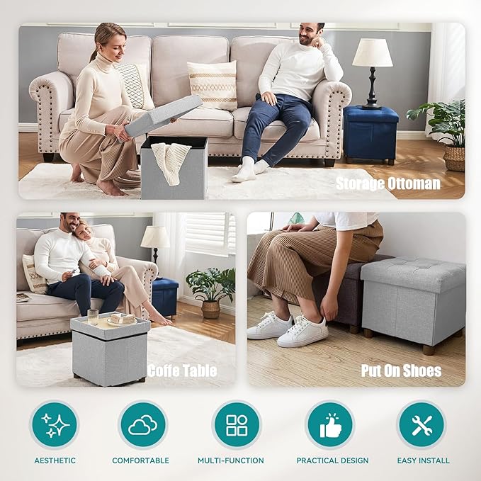 BRIAN & DANY Small Ottoman with Storage, Small Storage Ottoman, Folding Foot Stool with Wood Legs for Living Room and Bedroom Linen Rest Seat, 12.6"x12.6"x12.8" - Light Gray