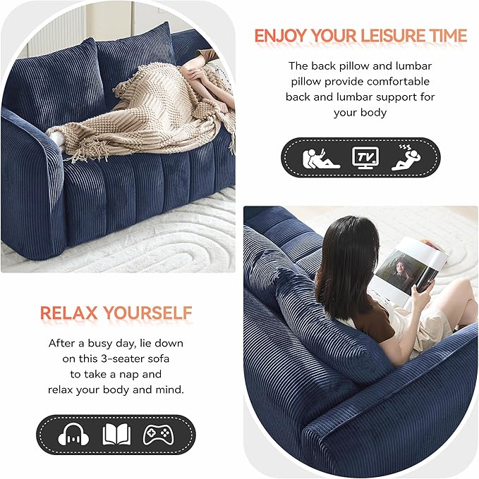 83'' Boneless Corduroy Sofa, Oversized 3 Seater Deep Seat Couch with Rounded Armrest, Modern Upholstered Cloud Sofa for Living Room, No Assembly, Navy
