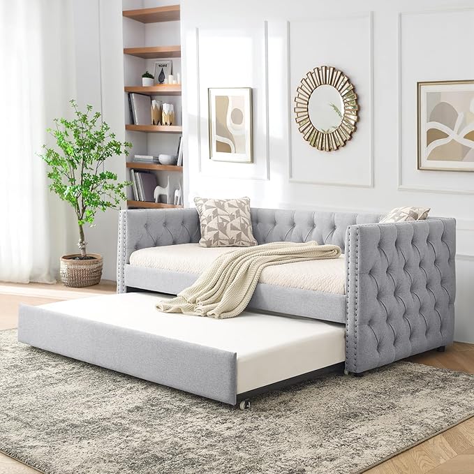 Antetek Daybed with Trundle, Upgraded Linen Upholstered Twin Size Day Bed Button-Tufted Sofa Daybed Frame with A Trundle,No Box Spring Needed,Furniture for Bedroom Living Room (Light Grey, Twin)