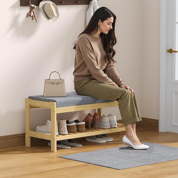 Shoe Bench Entryway, Solid Wood 2-Tier Shoe Rack Bench with Padded Seat, Shoe Organizer for Hallway Living Room, Mudrooms, Natural