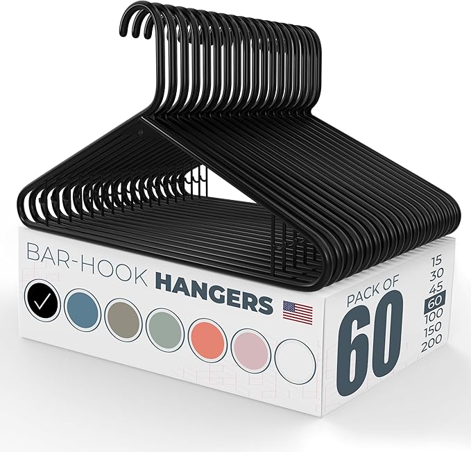 Neaties Plastic Hangers 50 Pack (60 Count) – Made in The USA – 6lb Capacity Standard Clothes Hangers with Strap Hooks for Dresses, Lingerie, Shirts, Pants, and Jackets – Black
