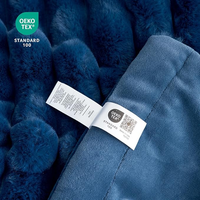Cozy Bliss Faux Fur Throw Blanket for Couch, Cozy Warm Plush Striped Blanket for Sofa Bedroom Living Room, 90 * 90 Inches Navy Blue