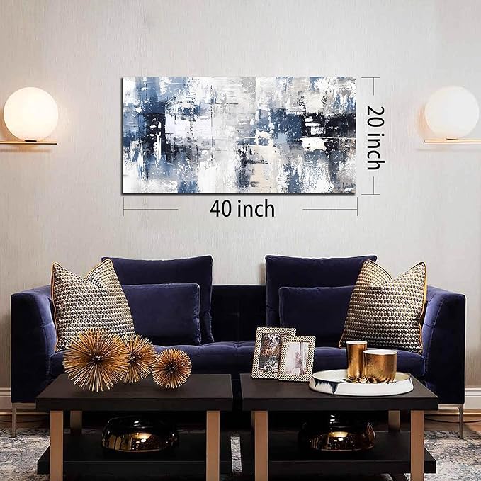 Prepeyssee White and Blue Abstract Canvas Wall Art for Living Room Bedroom Home Office Large Modern Grey Abstract Canvas Prints Picture Ready to Hang Size 20x40