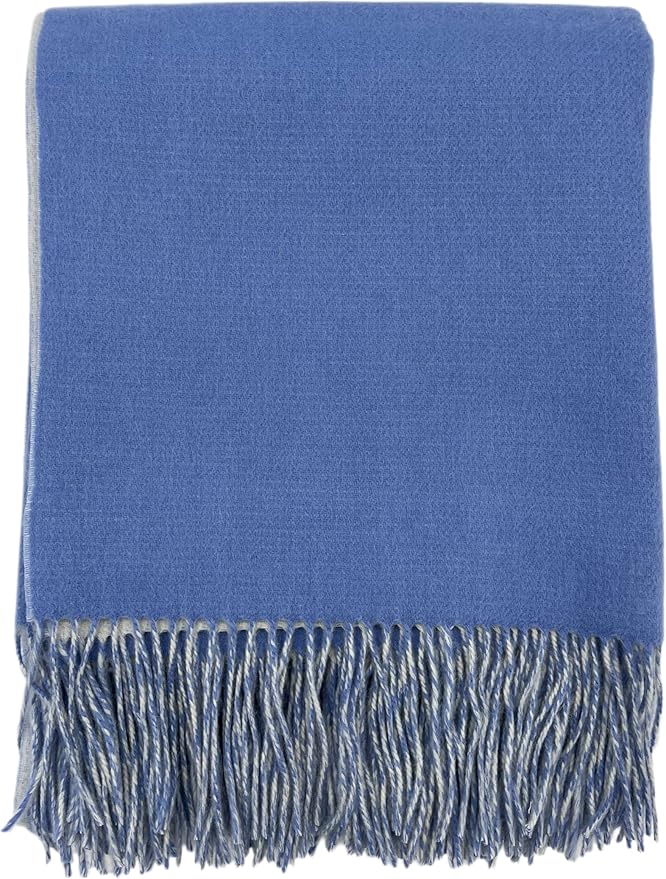 Alashan Cashmere Blend Double Faced Throw-Super Soft and Luxe Fabric- Perfect for Cozy Nights! 95% Merino Wool/5% Cashmere, 50" x 70", Great Gift Item. (Highlands Blue & White)