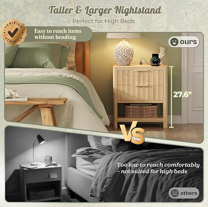Huuger 27.6 Inch Tall Night Stands with Charger Station, USB-C Port, Fluted Nightstand Set of 2, Larger Wider Bed Side Table with 2 Deep Drawers, Open Shelf, Bedroom Living Room End Table, Natural
