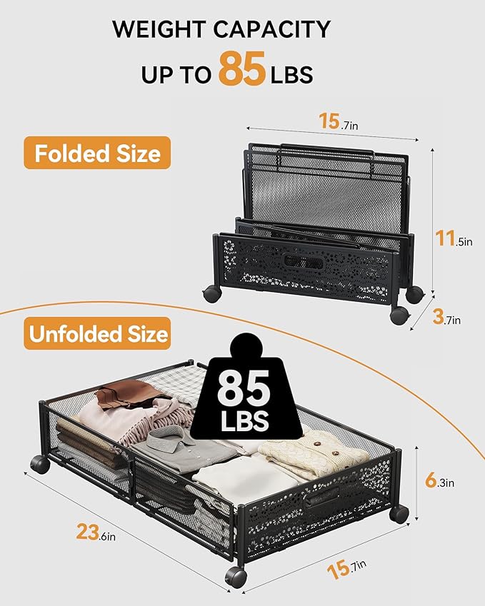 Under Bed Storage with Wheels, Foldable Pattern Carved Metal Under The Bed Storage, Tool-Free Assembly Under The bed Storage Bins, 60L Underbed Storage for Bedroom Clothes Shoes Toys-2 Pack