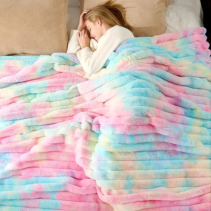 Cozy Bliss Faux Fur Throw Blanket for Couch, Cozy Warm Plush Striped Blanket for Sofa Bedroom Living Room, 108 * 90 Inches Tie-dye Rainbow