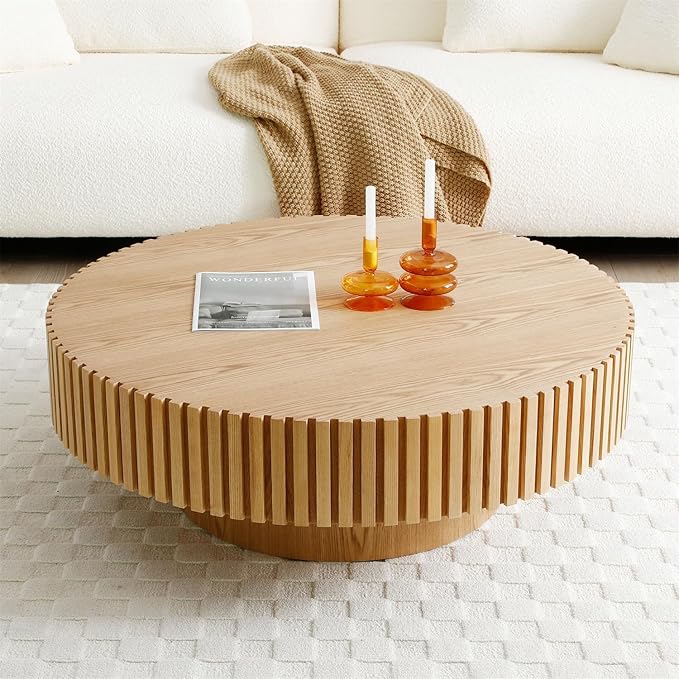 LKTART Round Coffee Table for Living Room, Accent Fluted Drum Coffee Table with Storage, Modern Solid Wood Circle Center Tea Table for Small Space Apartment (31.5''D×14''H-Natural)