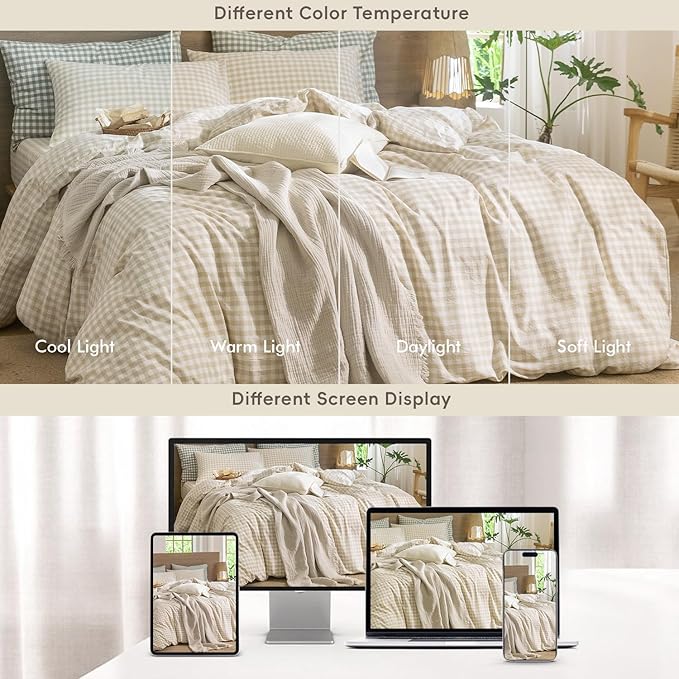 MooMee Gingham Duvet Cover Set 100% Washed Cotton Linen Like Textured Breathable Durable Soft Comfy Modern Checkered Design (Almond Milk Grey Gingham, Super Queen 90"x98")