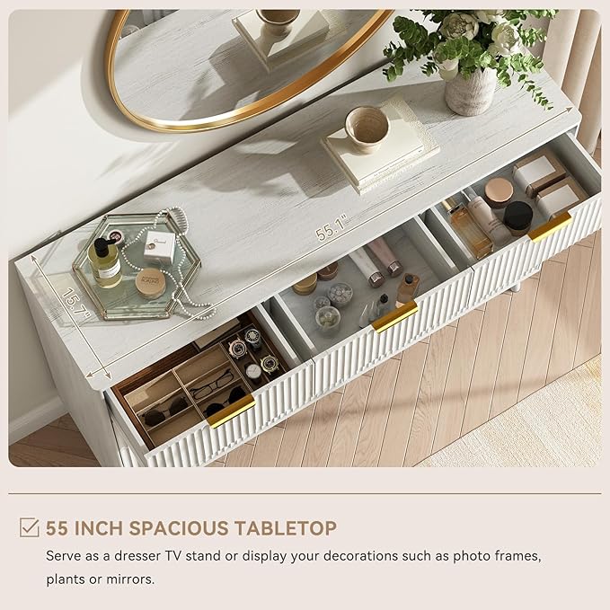CARPETNAL Fluted 9 Drawer Dresser for Bedroom, 55" Wide Wooden Chest of Drawers with Rounded Corners, Gold Handles, Modern Storage Organizer for Bedroom, Hallway(White)
