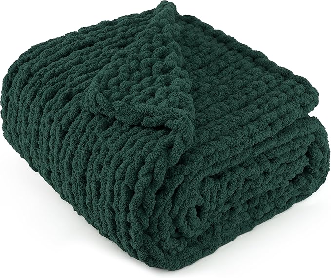 Chunky Knit Throw Blanket 50"X 60", 100% Handmade with Soft Chenille Yarn, 4.4lbs Thick Cable Knitted Blankets, Large Rope Knot Crochet Throws for Couch Sofa Bed Home Decor, Dark Green