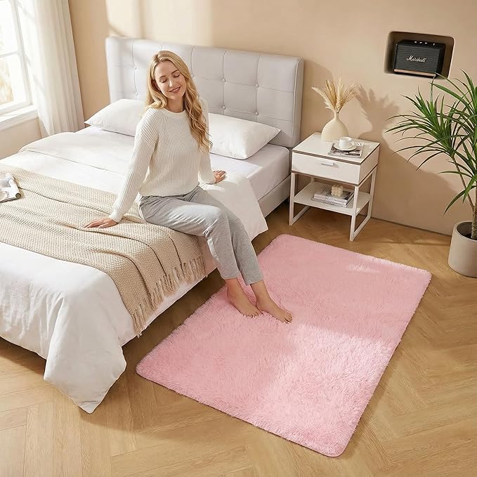 duduta Pink Fluffy Plush Rug 3x5 ft, Shag Furry Rectangle Rug for Bedroom Nursery Living Room Home Decor
