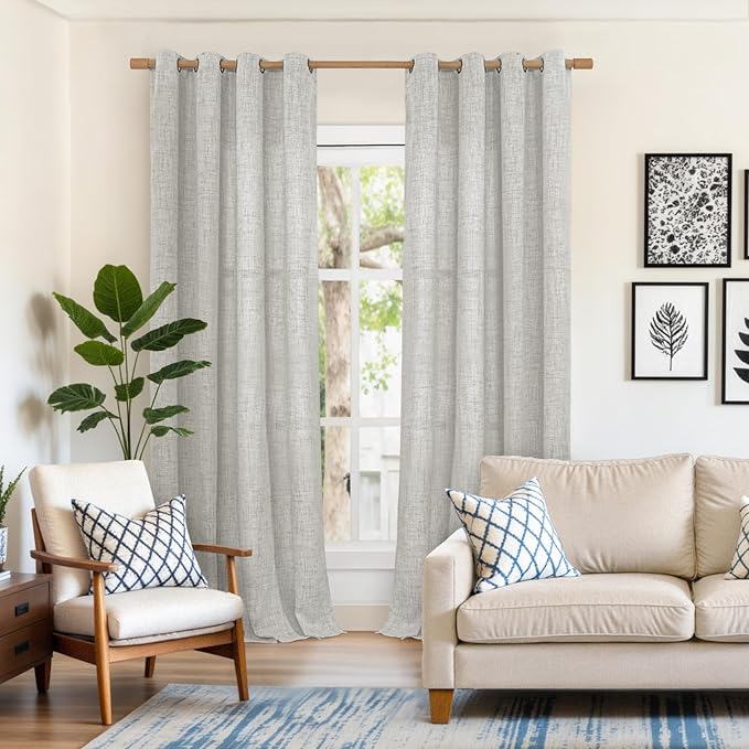 YoungsTex Extra Long Linen Curtains 102 Inch Length for Living Room, Light Grey Light Filtering Drapes with Bronze Grommet Privacy for Dining Bedroom, 52 x 102 Inch, 2 Panels