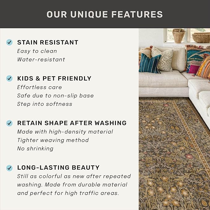 Non Slip 2x5 Gold Brown Bathroom Runner Rug - Small Runner Rugs, Washable Kitchen Floor Mat, Bedroom, Laundry Room, Hallway Runner - Vintage Oriental Décor