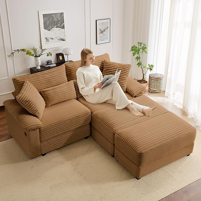 SUNWAVE 74" Double Chaise Lounge Chair Indoor, Oversized Loveseat with Removeable Ottoman, Corduroy Couch with USB Charging, Storage Ottoman, and Coffee Table Cushions for Living Room