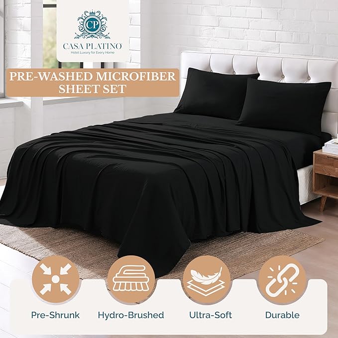 Casa Platino California King Sheets, 4 Piece Set, Pre-Washed Ultra Soft Bed Sheets Set, Brushed Microfiber California King Bedding Sets, California King Size Sheets with 15 inch Deep Pockets - Black