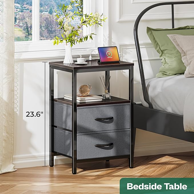 Huuger Nightstands Set of 2, End Tables with Charging Station, Fabric Drawers, Bedside Tables with USB Ports and Outlets, Night Stands for Bedroom, Walnut