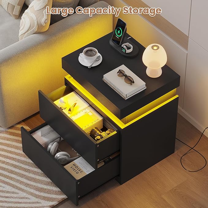 ADORNEVE Black Nightstand with Charging Station and LED Lights,Night Stand with Sliding Top,Bedside Table with Drawers,Modern End Side Table for Bedroom