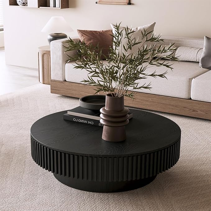 LKTART Round Coffee Table for Living Room, Accent Fluted Drum Coffee Table with Storage, Modern Solid Wood Veneered Circle Center Tea Table for Small Space Apartment (39.4''D×14''H-Black)