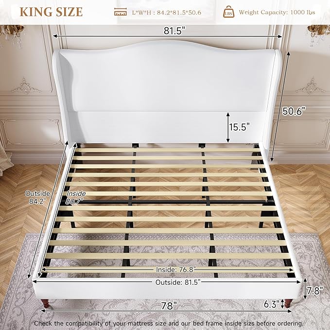 koorlian King Size Bed Frame with 51" Tall Headboard, Fully Upholstered Platform Bed Frame with with Soft Fabric, Sleigh Wingback, Solid Wood Retro Legs, Modern Minimalist Style, Easy Assembly, White