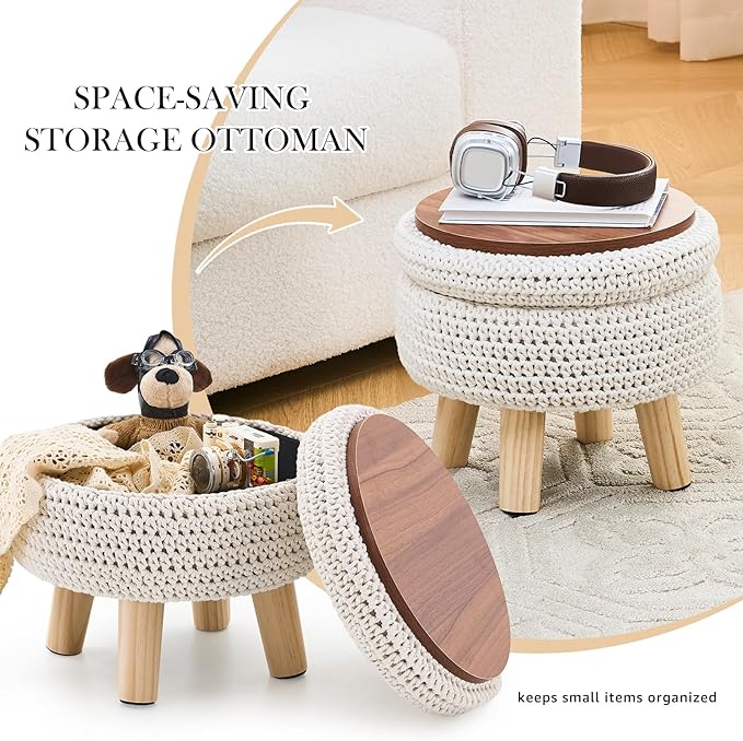 LGENHOOM Round Storage Ottoman Foot Rest Cotton Braided Foot Stool Pouf Ottoman with Solid Wood Legs Footstool with Storage Shoe Changing Stool for Living Room White