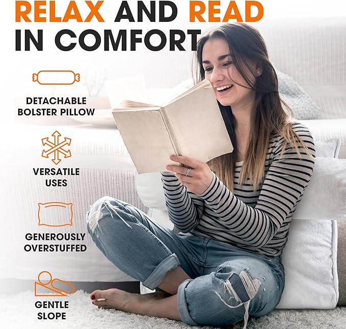 Cheer Collection Reading Wedge Pillow - Adjustable Wedge Reading Pillow with Neck Support, Hollow Fiber-Filled Backrest Pillow for Reading, Gaming, and TV Watching, White