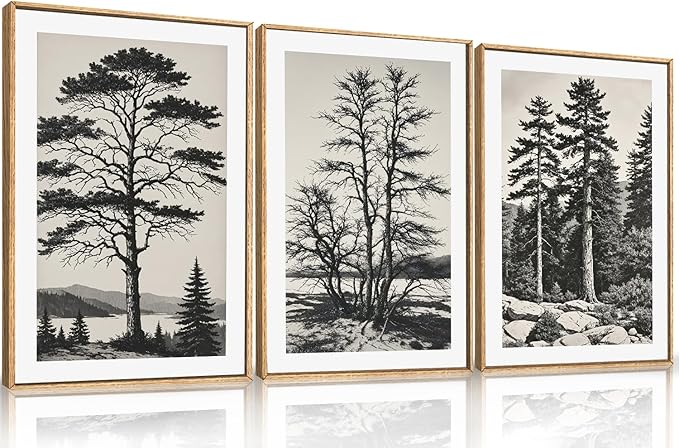 LHIUEM Large Vintage Sketch Tree Framed Wall Art Set,Antique Black and White Wall Decor,Nature Botanical Lake Artwork,Modern Wilderness Forest Art Prints for Living Room,Bedroom- 24"x36"x3