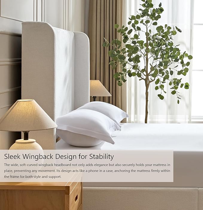 Harper 54" Extra-Tall Headboard Bed Frame - Modern Wingback Upholstered Platform Bed, 1000lbs Heavy Duty Support, Textured Chenille, No Box Spring Needed (Cream White King U.S. Standard)