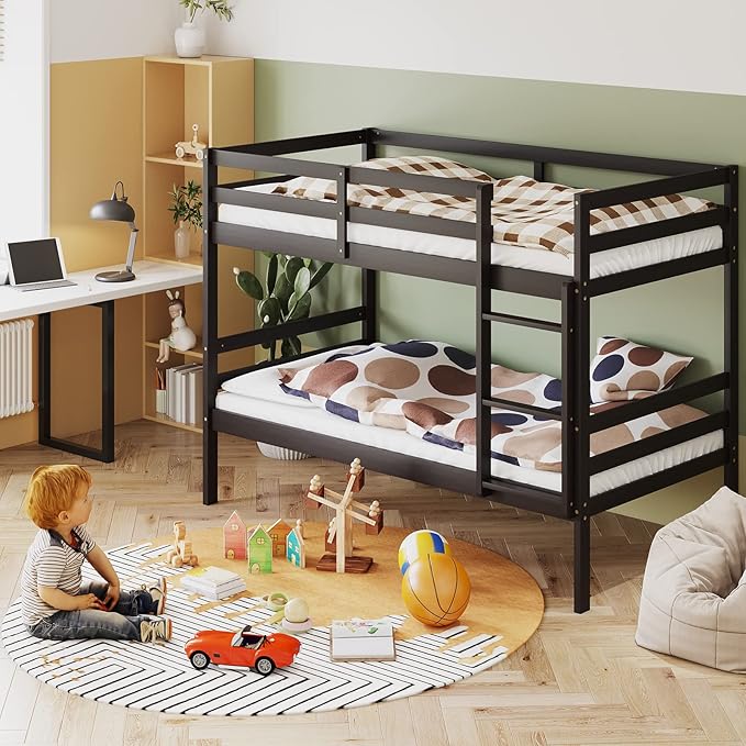 KOMFOTT Wood Bunk Bed Twin Over Twin, Bunk Bed with Ladder & Safety Guardrail, Solid Wood Bed Frame, Ideal for Dormitory & Multiple-Child Family, No Box Spring Needed, Kids Twin Bed