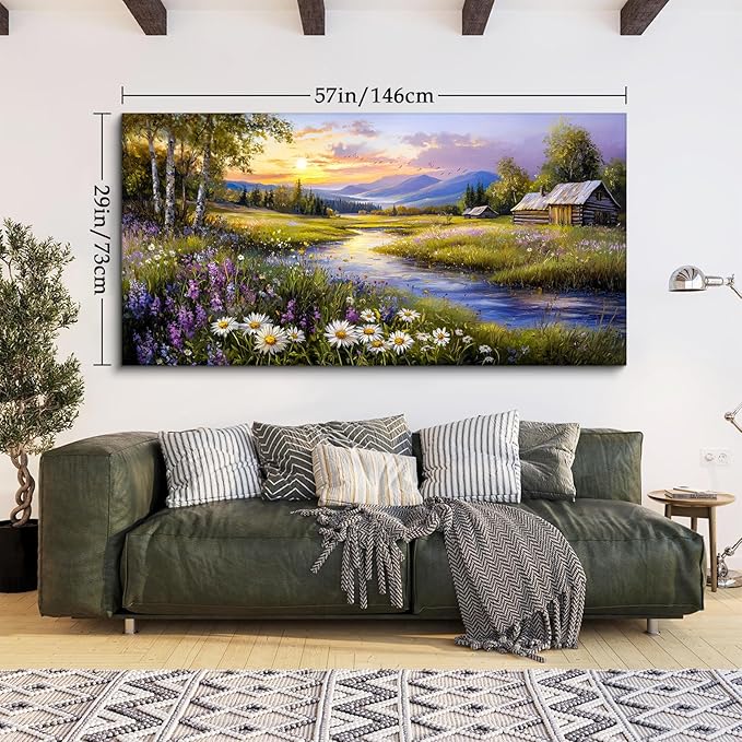 SERIMINO Large Wall Art for Living Room, River Landscape Wall Art, Meadow Wildflower Canvas Art Prints, Countryside Sunset Paintings Wall Decor for Bedroom, Farmhouse Kitchen Decor Pictures 29"X57"