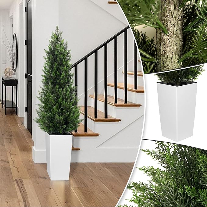 5FT Tall 2 Set Artificial Topiary Cedar Tree, Indoor Realistic Faux Cypress Plants with Square Flowerpot, Outdoor Evergreen Fake Shrubs for Home Living Room Front Porch Decor