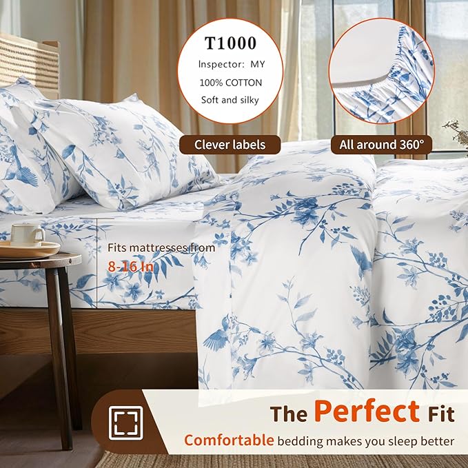 LBRO2M 1000 Thread Count Sheets 100% Egyptian Cotton Bedding Set Floral Queen Size Sheets 16 Inches Deep Pocket Bedding 4 Piece Sets (Queen, Blue Bird)