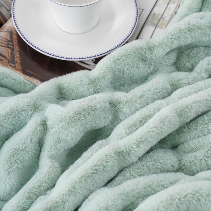 BATTILO HOME Faux Fur Throw Blanket for Couch, Super Soft Cozy Blanket, Double Side Ruched Rabbit Fur Blanket for Bed, Living Room, 60"x80", Sage Green
