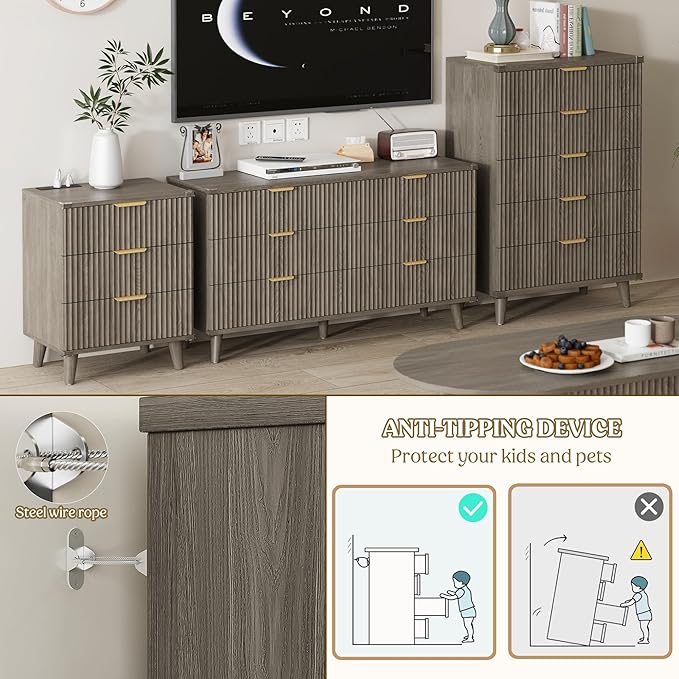Lulive Wood Dresser for Bedroom with 6 Drawers, 53.2" Long Fluted Modern Chest of Drawers Storage Organizer, Dressers TV Stand for Living Room, Closet, Hallway (Dark Grey Oak)