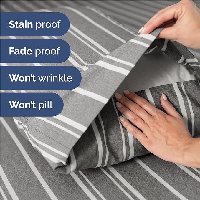 Twin XL 4 Piece Sheet Set - Cooling, Comfy & Breathable - Hotel Luxury Bedding Includes Fitted Sheet for Women, Men, Kids & Teens - 1 Flat, 1 Fitted Sheet, 2 Pillowcases w/Deep Pockets - Grey Stripes