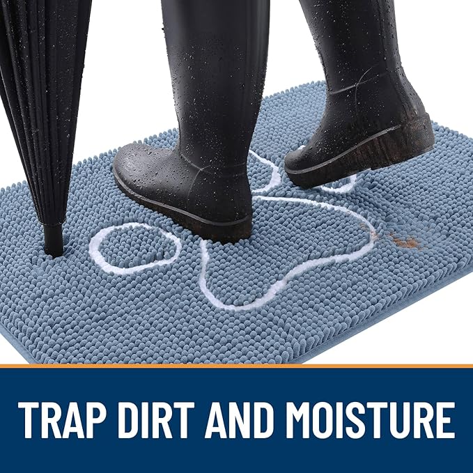 OLANLY Dog Door Mat for Muddy Paws 36x24, Paw Print Design, Absorbs Moisture and Dirt, Non-Slip Washable Doormat, Quick Dry Chenille Mud Mat, Entry Indoor Entryway Carpet, Airy Blue and White