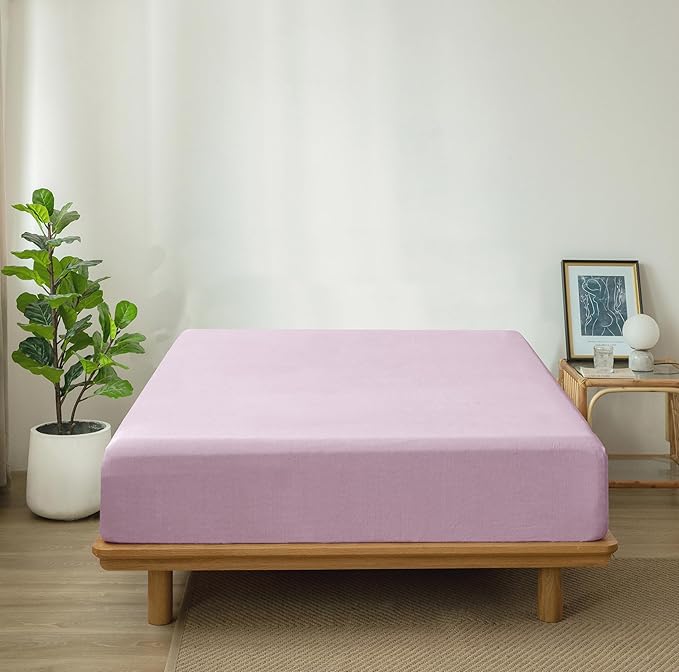 MooMee Fitted Bottom Sheet Only 100% Washed Cotton Linen Like Textured Breathable Durable Soft Comfy Deep Pocket Fits Mattress up to 17" (Light Purple, Queen)