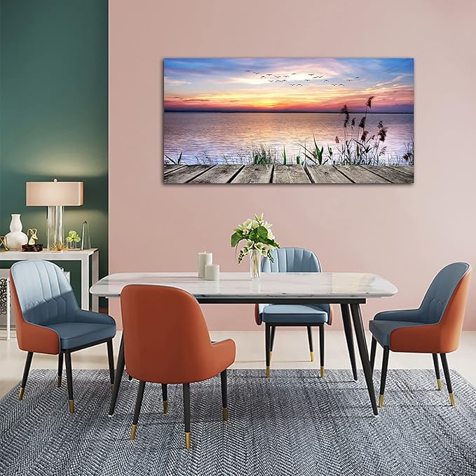 Canvas Wall Art Lake Dock Sunset Scenery Flying Birds Picture Large Beach Sunset Landscape Canvas Artwork Contemporary Nature Pictures for Living Room Bedroom Home Office Kitchen Wall Decor 20" x 40"