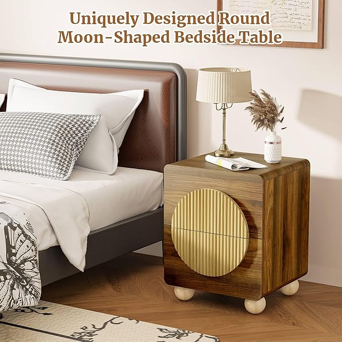 23" Fluted Nightstand with Solid Wood Legs, Modern Style Walnut Bedside Table with Round Moon Handle & Storage, Mid Century Cute Night Stand for Bedroom, Side Table, End Table