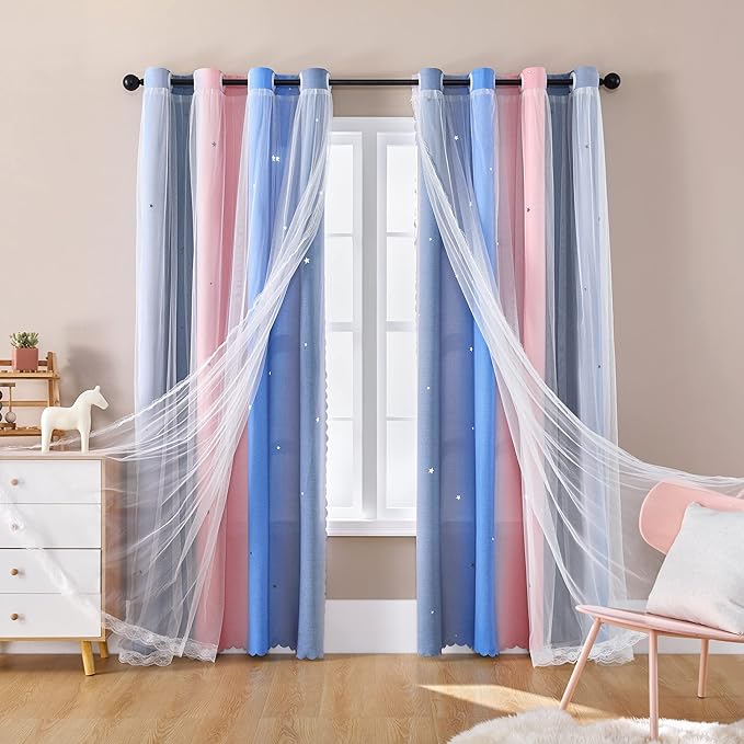 XiDi Curtains for Bedroom Decor, Rainbow PinkGreyBlue-34-54