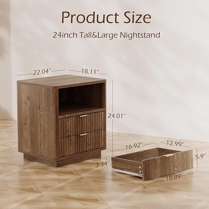 Fluted Nightstands Set of 2 - Walnut Nightstand with 2 Drawers & Open Shelves, 22" Wide Large Bedside Stand Modern Storage Wooden Side Tables for Bedroom (Natural Oak)