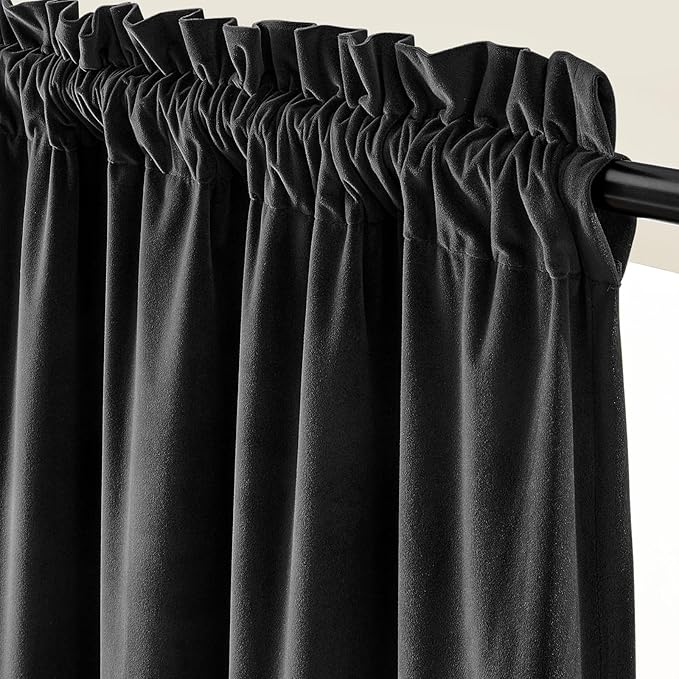 Lazzzy Velvet Blackout Curtains Thermal Insulated Room Window Drapes Super Soft Luxury Curtains for Living Room Bedroom Rod Pocket 2 Panels, Black, 52" W x 63" L