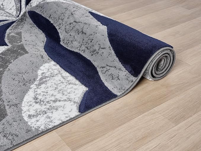 Modern Abstract Area Rug Hand Carved Contemporary Geometric Swirls Vibrant Colors Carpet for Living Room Bedroom Design PR1002 (Navy, 5' x 7')