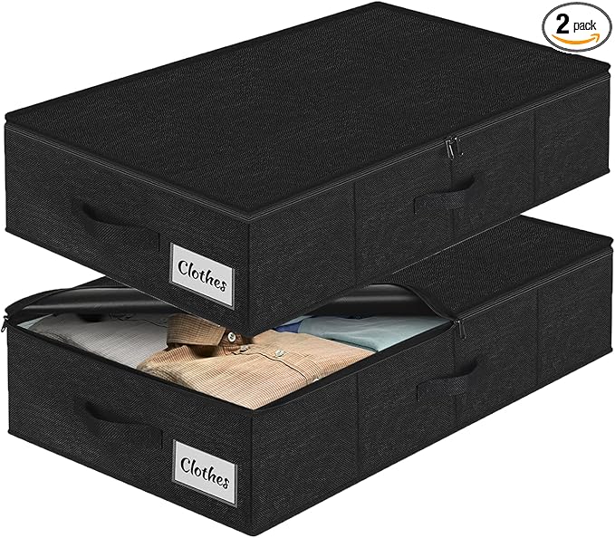 Under Bed Storage Container Bins 2 Pack, Low Profile Foldable Underbed Clothes Storage Organizer W/ Ultra Thick Fabric and Sturdy Bottom/Sides, Dual Zipper Storage Box for Dorm and Home 30x16x6.7"