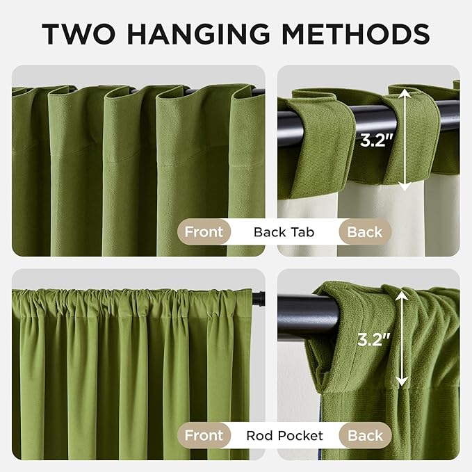 Joydeco Moss Green 100% Blackout Curtains 108 Inch 2 Panels, Luxury Thermal Green Velvet Curtains for Bedroom Living Room, Soundproof Blackout Window Drapes, Rod Pocket & Back Tab (52W x 108L)